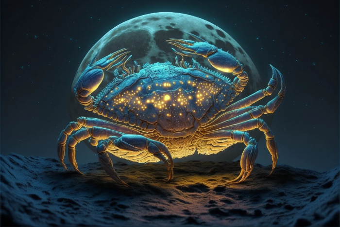 a glowing crab in front of the Moon
